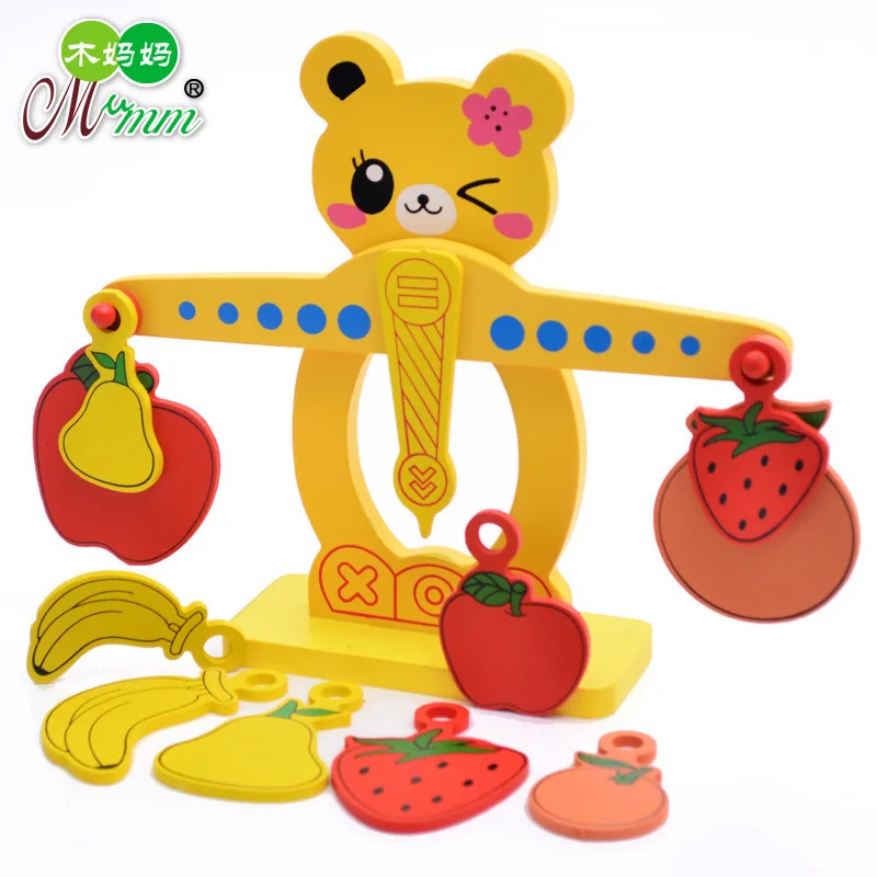 

Children Wooden Early Education ENLIGHTEN Balance Teaching Aids Bear Symmetric Game Fruit with Numbers Balance Infants Garden Te
