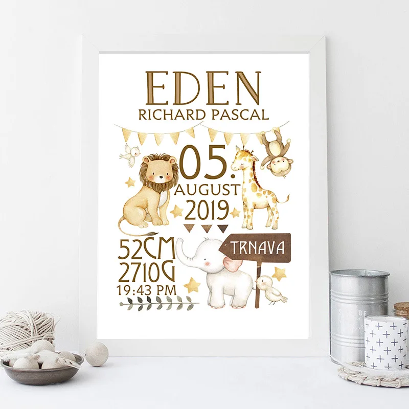 Personalized-Baby-Birth-Custom-Poster-Nursery-Art-Print-Animal-Canvas-Painting-Wall-Picture-Nordic-Kid-Boy