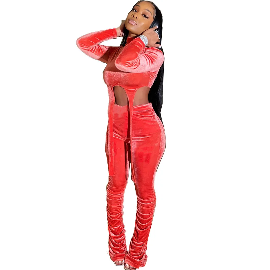 Cena HAOYUAN aksamitna dwuczęściowy zestaw kobiet Rave odzież festiwalowa krótki top i garnitur ze spodniami śliczne 2 sztuka pasujące zestawy jesień zima stroje