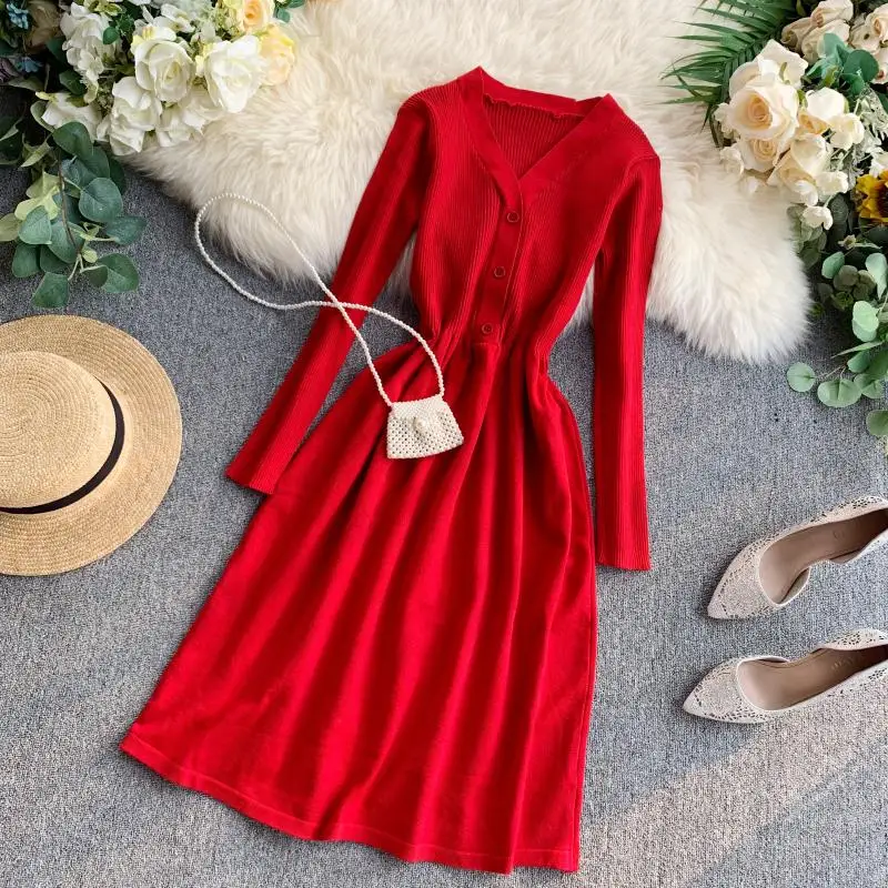 ALPHALMODA осеннее французское винтажное платье Новое Стильное тонкое вязаное платье с v-образным вырезом и пуговицами с длинным рукавом Черное Красное женское платье