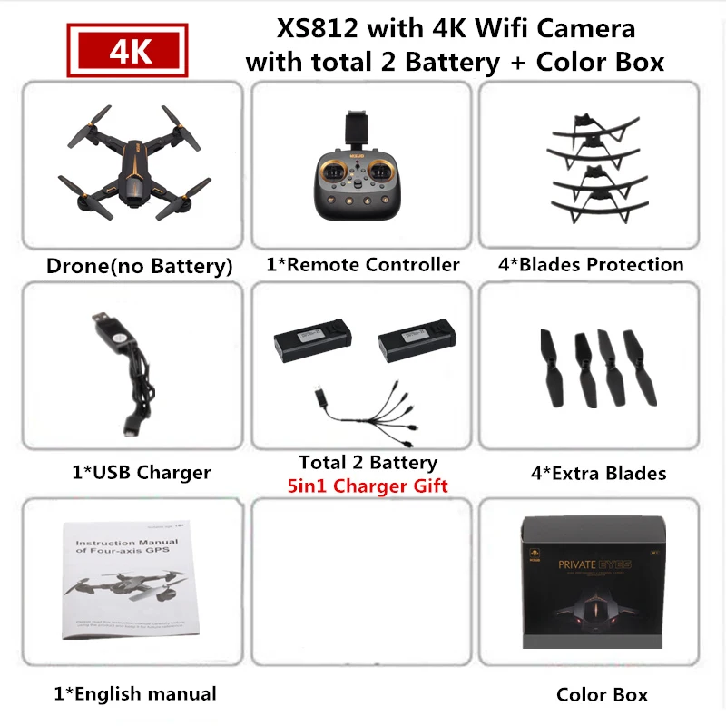 VISUO XS812 RC gps Дрон 4K HD камера 5G Wi-Fi высота удержания Квадрокоптер с камерой Вертолет VS SJRC Z5 F11 SG906 Дрон - Цвет: 4K 2B Color Box