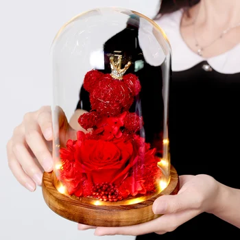 

Eternal Real Flower Teddy Bear Rose Flowers In Glass Dome Home Wedding Decoration Birthday Valentine's Day Gifts Send Lady