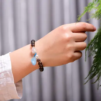 

Natural obsidian Duobao round bead bracelet with rough aquamarine stone, exquisite workmanship and full shape.bransoletka damska