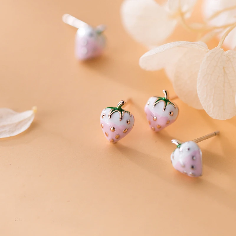 

MloveAcc Real 925 Sterling Silver Strawberry Stud Earrings for Women Cute Cartoon Pink Enamel Earrings