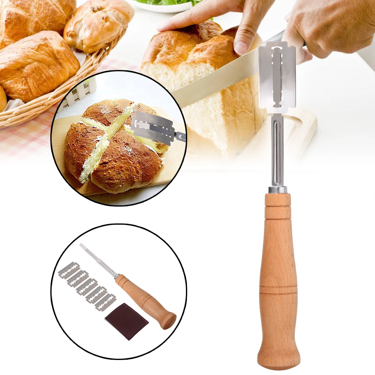 Baking Curved Bread Dough Cutter Wooden Handle Pastry Cutting French Toast Bagel Cutter Kitchen Tools With Cover Thin Blade