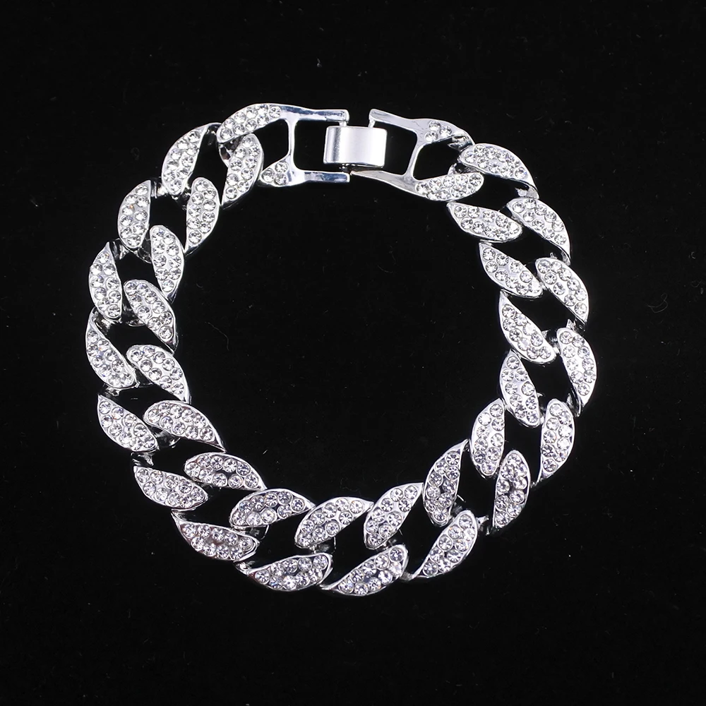 Silver Bracelets 16 мм, ювелирные изделия в стиле хип-хоп, кристаллы, стразы, кубинские звенья, цепочка, ожерелье, золото, серебро, цвет, iced out bling, браслеты для рэпера - Окраска металла: Silver Bracelets
