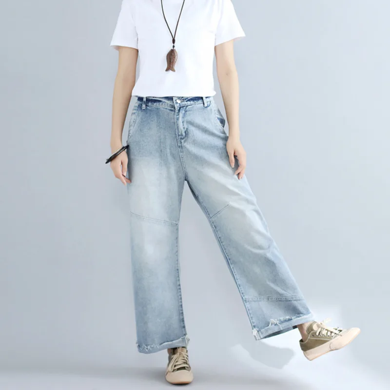 XUXI Women Spring Summer New Casual Button Fly Loose Cintage Spliced Low Full Length Women Wide Leg Pants FZ0037