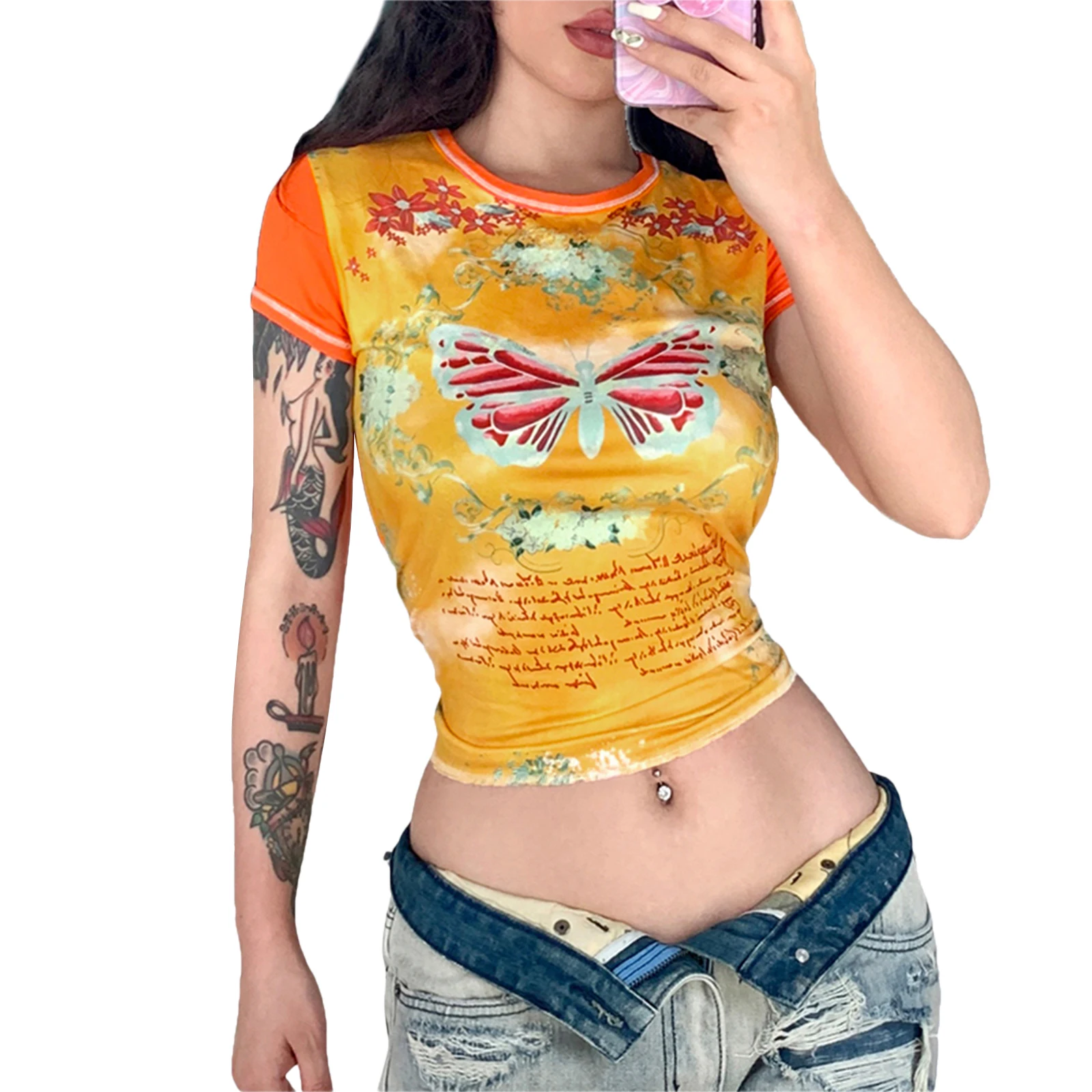 Womenu2019s Causal Short Sleeve T-shirt Fashion Butterfly Letter Print Round Neck Exposed Navel Tops | Женская одежда