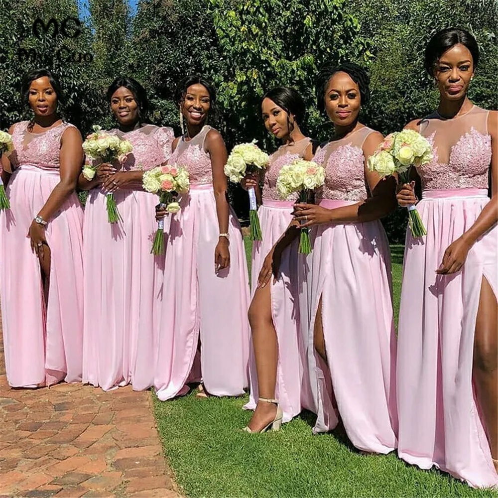 A-Line Round Neck Pink Chiffon Bridesmaid Dress with Appliques (2)