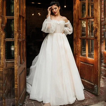 

Eightree Long Puff Sleeves Wedding Dresses Off Shoulder Lace Puffy Tulle Bride Dress Beach Boho Wedding Gown Vestido de Novia