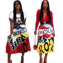 Многослойная свободная удлиненная юбка с буквенным принтом и высокой талией, летняя Модная Повседневная Женская комплект пуловер+ кожаная юбка, L5339