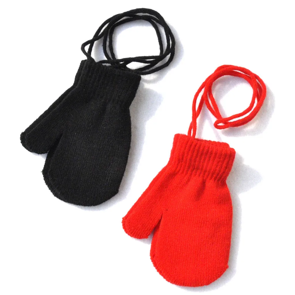 Зимние теплые однотонные вязаные милые перчатки с веревочками, перчатки для велоспорта, альпинизма, уличные Перчатки, варежки, перчатки для детей ясельного возраста