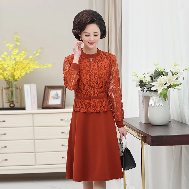 

Mom Spring Clothing Lace Dress Mid-length Middle-aged WOMEN'S Apparels Dress 2019 New Style 40-50-Year-Old Tops