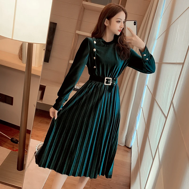 3 Colors Velveteen Pleuche Womens Dress Autumn Winter Long Sleeve Vintage Long Vestidos Female Party Casual Burgundy Black Green