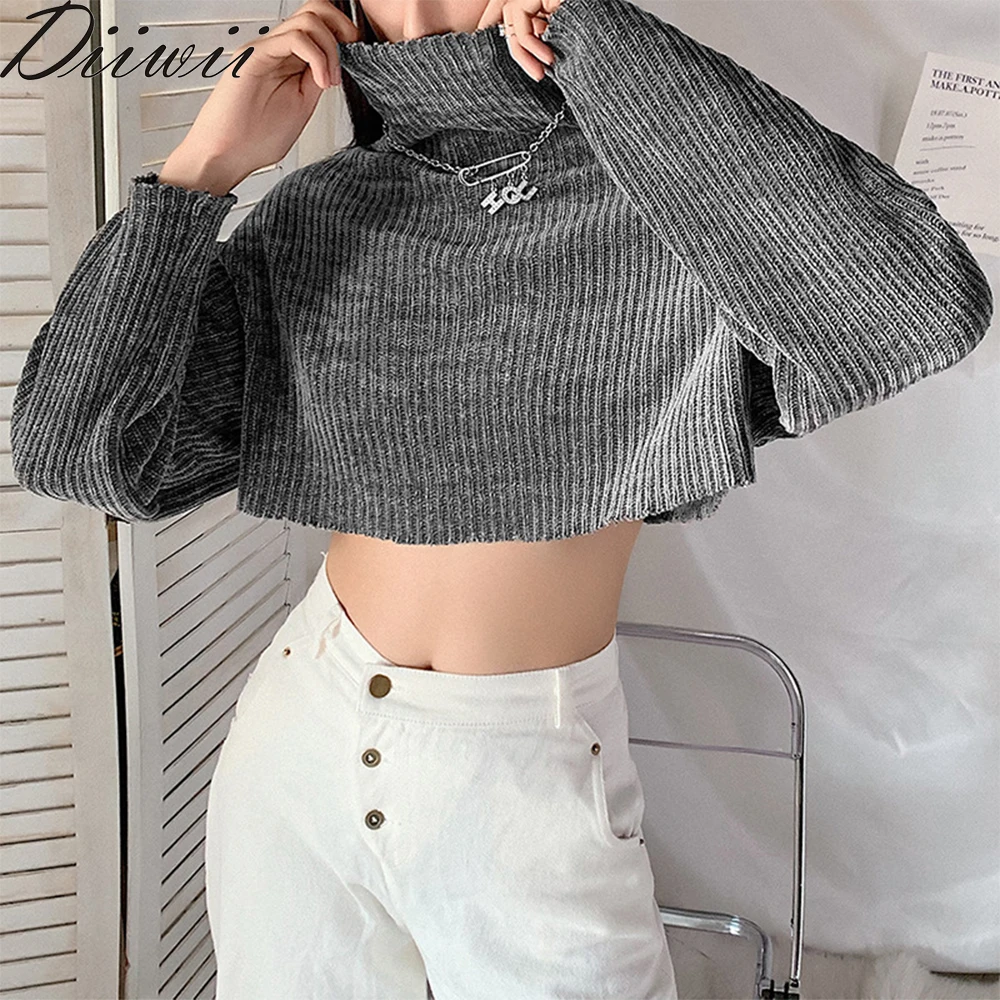 

DiiWii Fashion Girls New Long Sleeve High Collar Loose Show Thin Crop Navel Simple Casual Sweater
