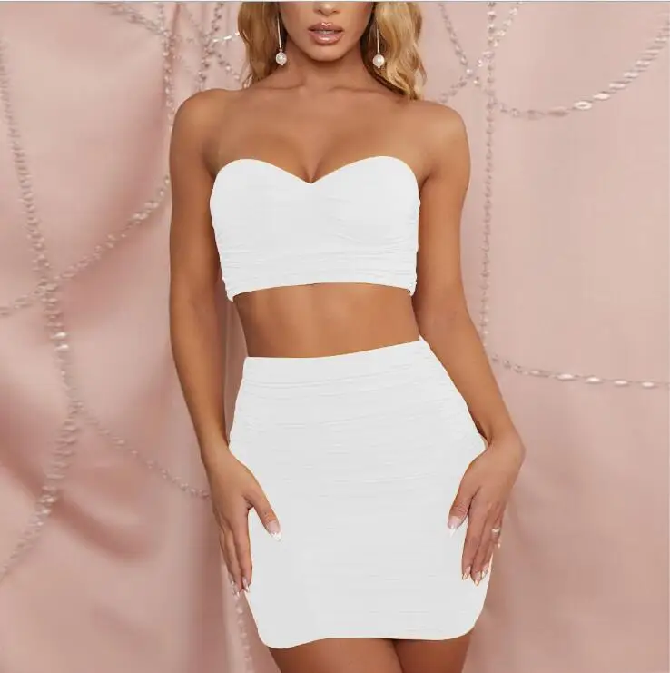 

Summer Sexy Outfit Sleeveless Crop Top White V Neck And Mini Skirt Bodycon Party Women Set Club Two Piece Sets Black