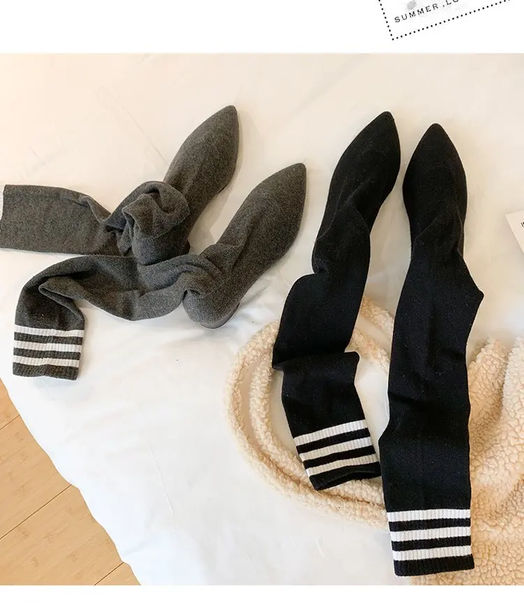 Женские ботфорты из серой вязаной ткани черного цвета облегающие ботфорты на толстом каблуке с острым носком г. Осенне-зимняя мода