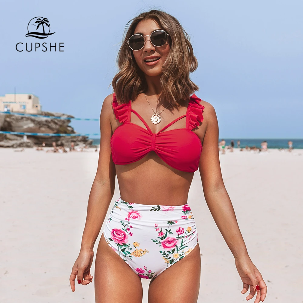 

CUPSHE Red Knot Bikini Sets with Floral High-waisted Bottom Sexy Swimsuit Two Pieces Swimwear Women 2019 Beach Bathing Suits