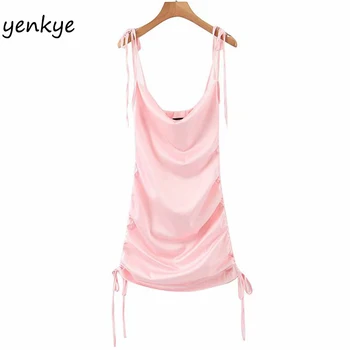 

Women Solid Satin Sling Sexy Dress Backless Sleeveless Drawstring Bodycon Mini Dress Modern Lady Summer Club Party Dresses