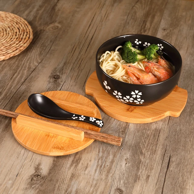 Japanese Bowl Instant Noodles Tableware Dining Room Tableware Salad Soup Ceramic Bowl With Cover Wooden Chopstick Spoon 2