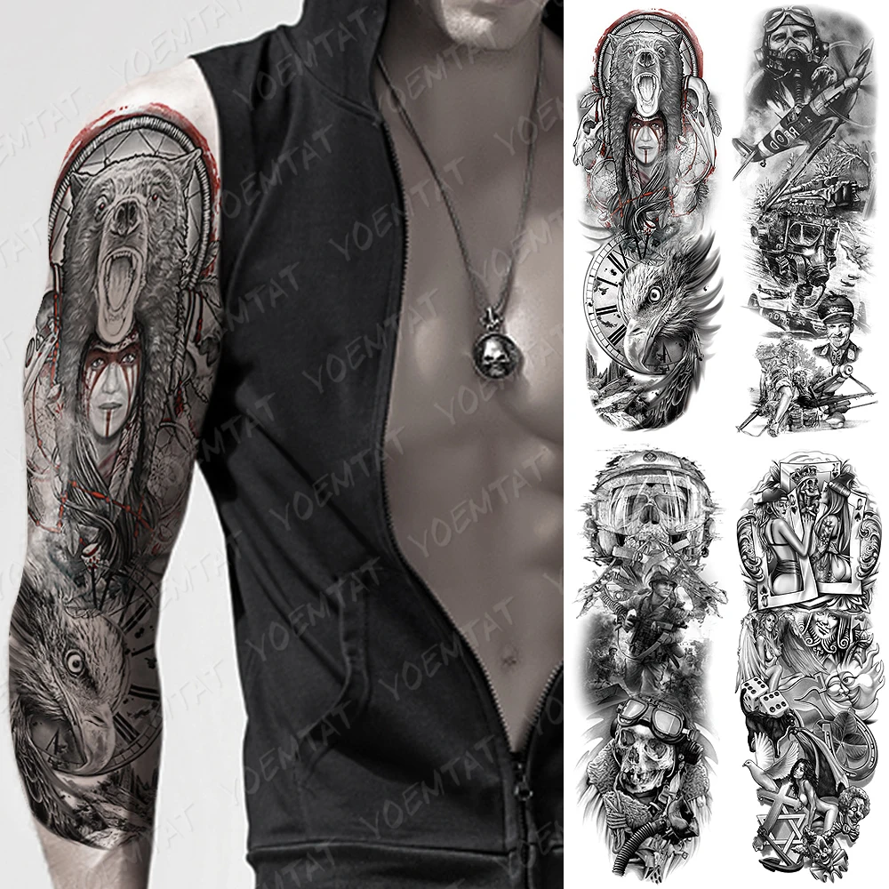 Large Arm Sleeve Tattoo Bear Skull Eagle Shaman Waterproof Temporary Tatto  Sticker Poker King Body Art Full Fake Tatoo Women Men - Temporary Tattoos -  AliExpress
