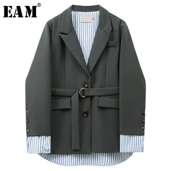 

[EAM] Women Green Striped Irregular Blazer New Lapel Long Sleeve Loose Fit Jacket Fashion Tide Spring Autumn 2020 1X162