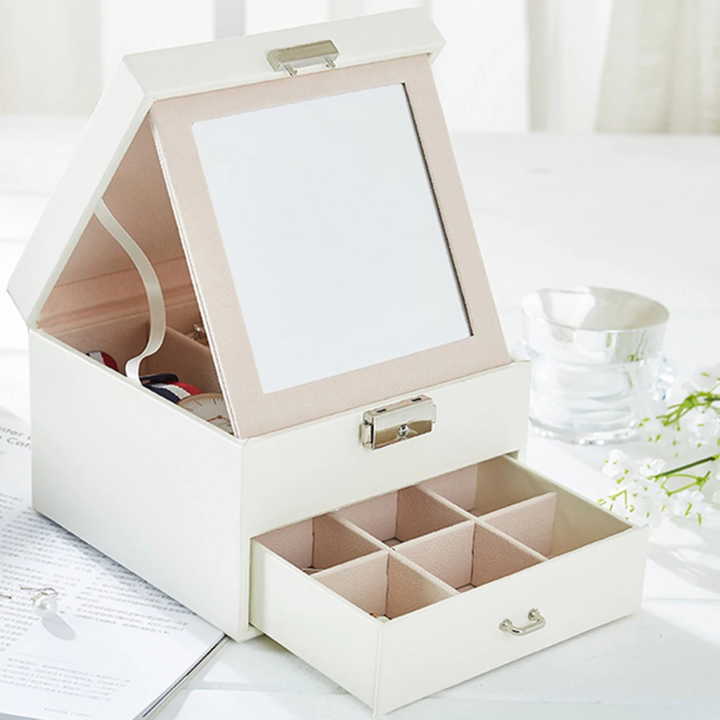

White PU Leather Mirror Box Storage Case Organizer Ring Earring Necklace Display
