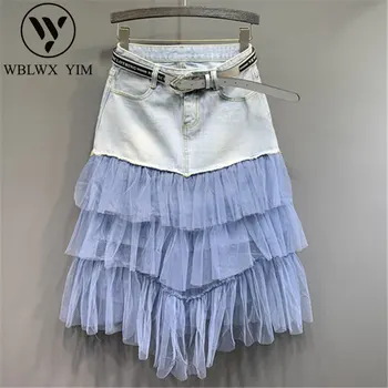 

Fashion Mesh Splice Denim Skirt Women Summer New High waist A-Line Midi length Skirts Women Casual Loose Package Hip Jeans Skirt