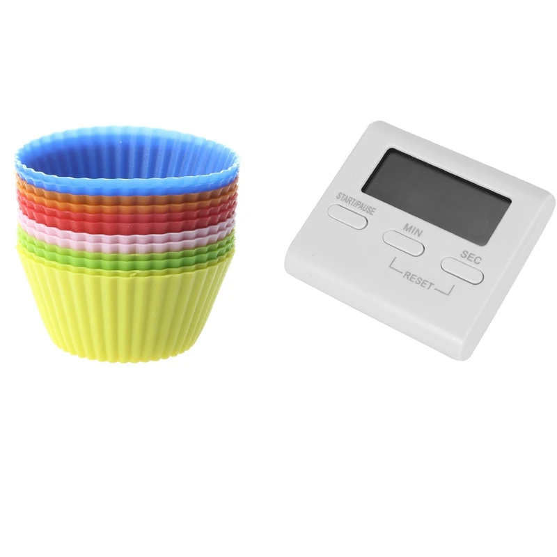 12 Pcs Silicone Cake Moulds Muffin Cupcake Bread Mousse With Lcd Digital Kitchen Cooking Timer |