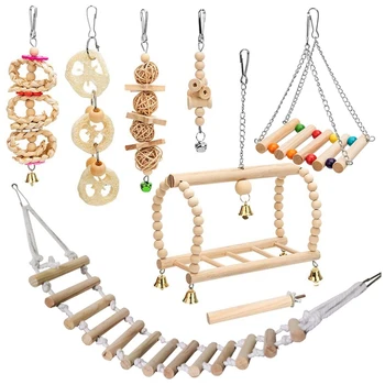 

8 Packs Bird Parrot Swing Hanging Toy,Natural Wood Bell Bird Cage Toys for Parrots, Parakeets, Cockatiels, Budgie