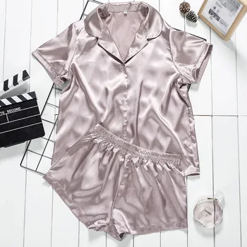 

Europe and America Pajamas Imitated Silk Fabric Satin Pajamas WOMEN'S Short-sleeved Shirt Shorts Set Summer Home Wear