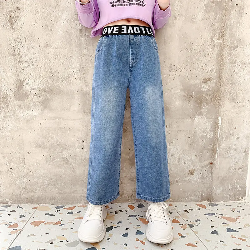 inhzoy Pantaloni Lunghi Bambina in Denim Pantaloni Larghi con Tasche Pantaloni Ragazza Jeans Pantaloni a Vita Elastica Bambine Tuta Pantalone Casuale 5-14 Anni
