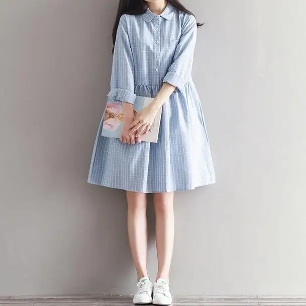2020 Mori Girl ropa mujer осеннее женское платье в клетку с отложным воротником и длинным