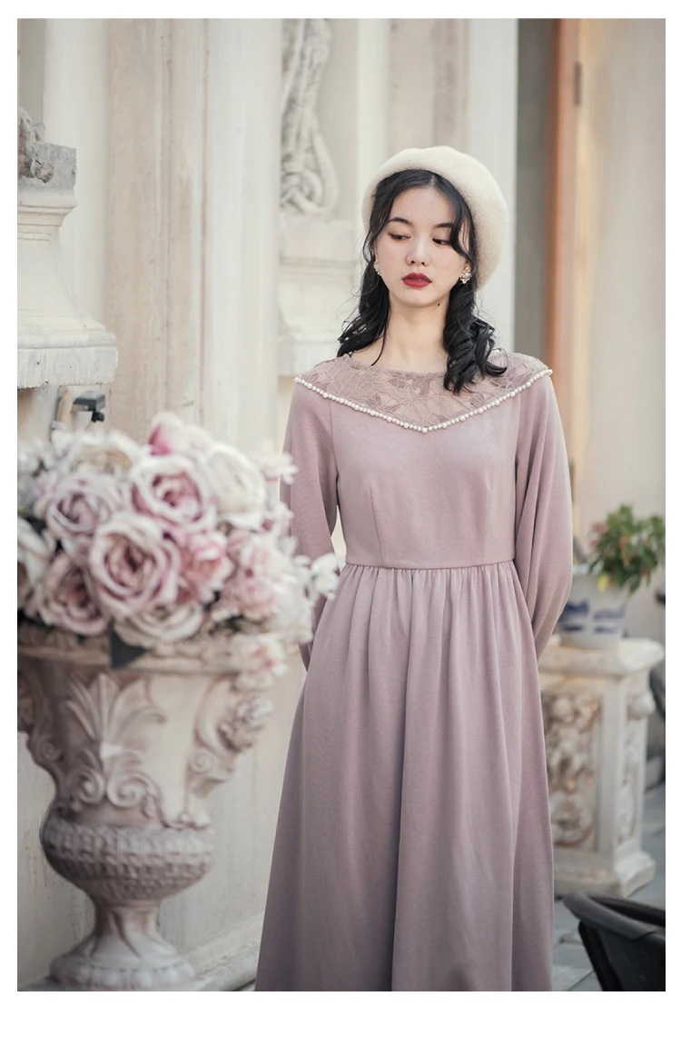 Линетт китайский стиль весна осень новое поступление дизайн женские французские винтажные тонкие кружевные лоскутные вязаные фиолетовые платья