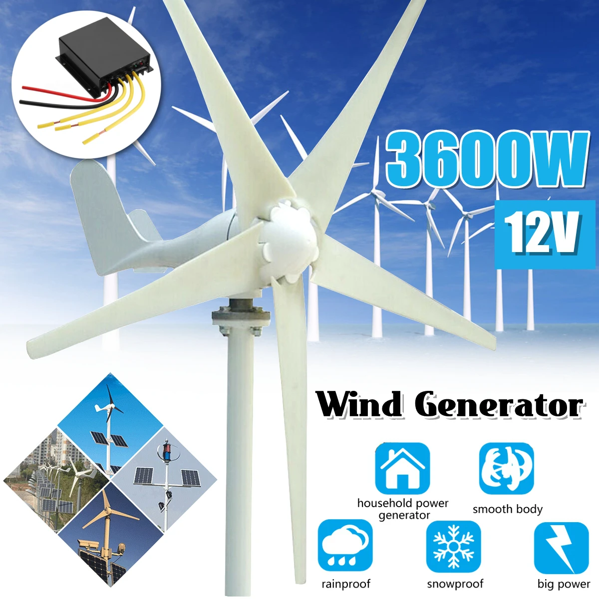 

3600W 12/24/48V AC Permanent Wind Turbine Generator 5-Blades Vertical Axis Power Generator Kitw/Controller for Solar Streetlight