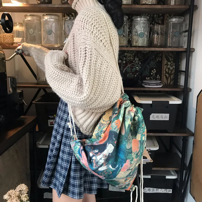 

Chinese Style Backpack 2020 New Fashion Vintage Print Mochila Feminina Casual String Backpacks Bolsos Para Mujer Shoulder Bags