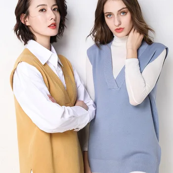 

2019 New Autumn Cashmere Knitted Vest Both Sides Split Loose Women Sweater Vest Female Sleeveless pull Pullover Jumper