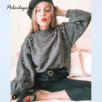 

Autumn spring sweater female Round neck loose sweater women's short pearl decorative sweater jumper pullover women pull femme