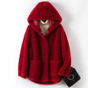 

100% Sheep Shearing Jacket Women Real Fur Coat Winter Warm Jacket Hooded 2020 Korean Vintage Wool Coat Female Fur Tops Hiver 077