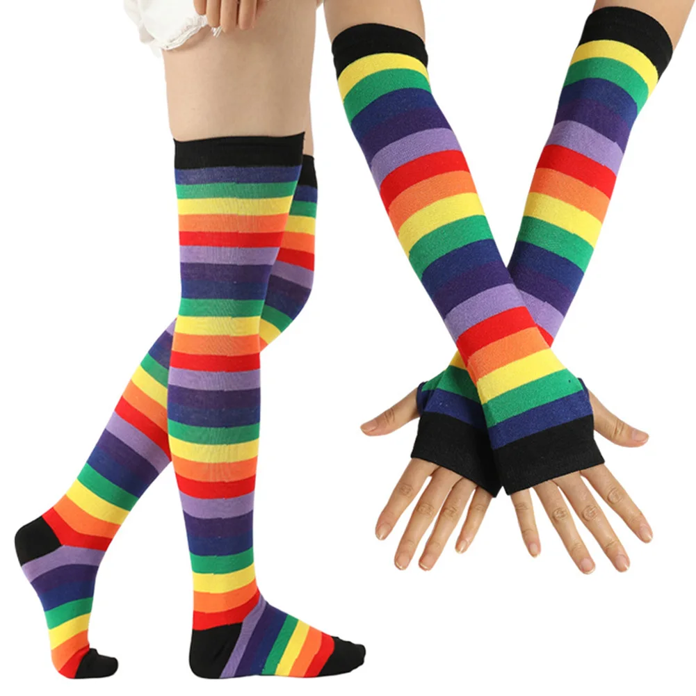 Fashion Slim Striped Women Stockings Set Party Anti Slip Long Gloves Elastic Over Knee Casual Cosplay Cotton Blend Rainbow Soft - Цвет: Black