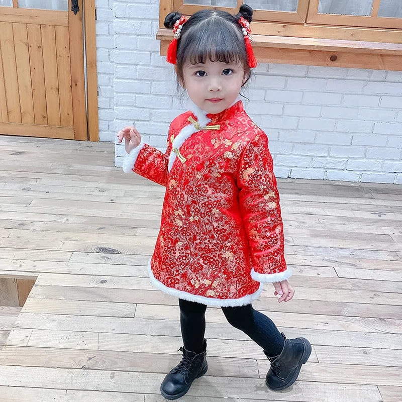 Платье для девочек; Зимние Детские платья для девочек в китайском стиле; милая одежда для малышей; новогодняя Детская одежда с рисунком; Qipao Vestidos