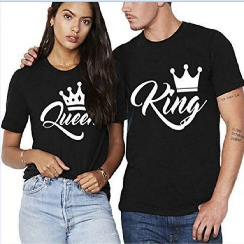 Camiseta de rey y reina para parejas, ropa con estampado de corona para parejas, Tops informales con cuello redondo, camisetas para parejas 2020
