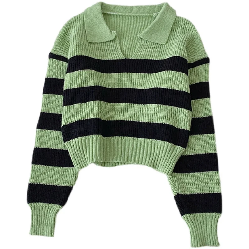 

Autumn new style Korean loose striped short section fashion all-match sweater women