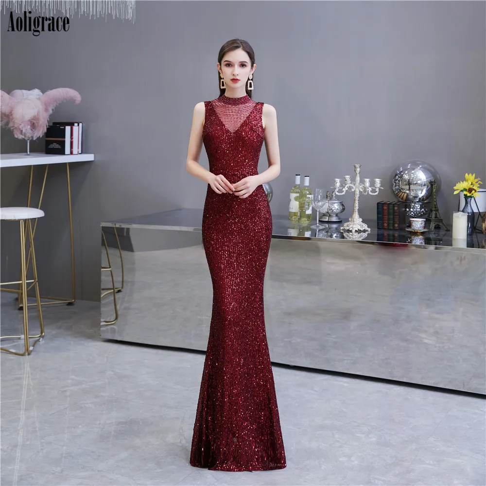 

Burgundy Mermaid Sequined Prom Dresses Illusion Open Back Floor Length Vestidos De Fiesta Shiny Cheap Formal Party Evening Gowns