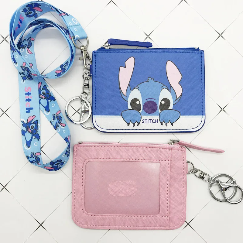 

Disney Stitch PU coin purse card holder keychain key lanyard meal card bus card case coin bags Mickey mouse Document card bag
