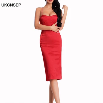 

UKCNSEP Evening Party Dress New Red Sexy Sleeveless Spaghetti Straps Bodycon Split Elegant Women Dress Vestidos Summer Dress
