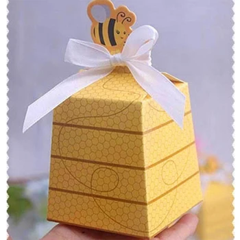 

10pcs Yellow Bee European Style Favors Candy Boxes Gift Box with White Ribbons Baby Shower Wedding Birthday Party Supplies