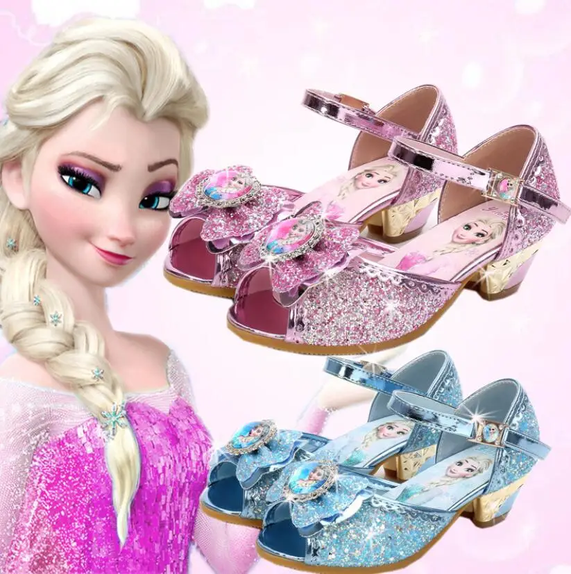 Детская кожаная обувь принцессы Эльзы для девочек; Повседневная блестящая детская обувь для девочек на высоком каблуке с бантом; цвет синий, розовый, серебристый