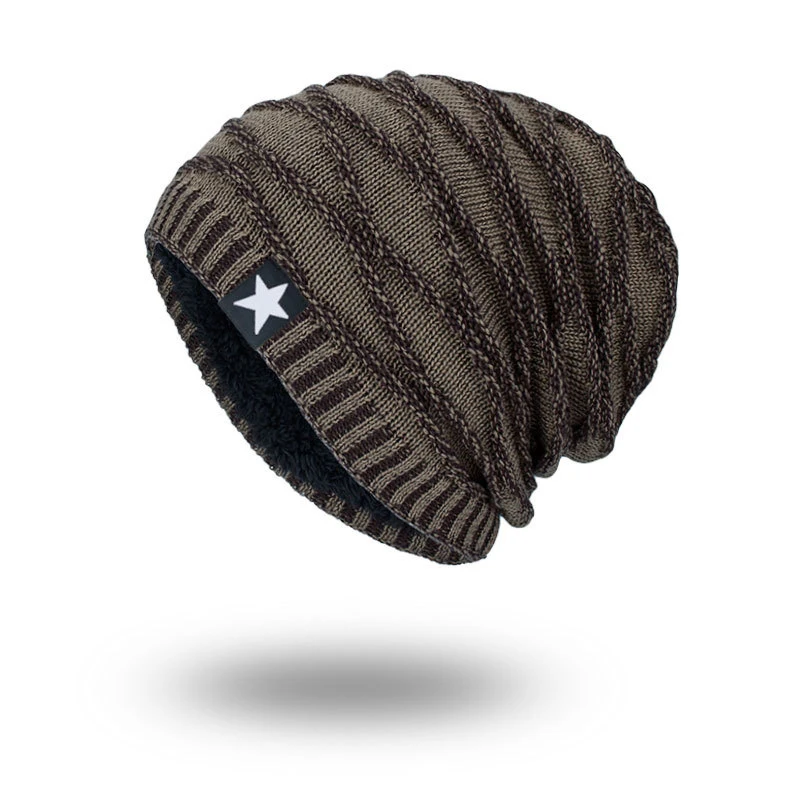 RoxCober мужские s Skullies зимние теплые шапки бини вязаные Cotto хип-хоп чулок шапка плюс бархатная раста шапка звезда шляпы для мужчин - Цвет: Хаки