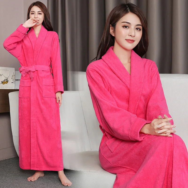 Cotton Toweling Terry Extra long Extra thick Robe blue Bath Robe Women Nightrobe Sleepwear Casual Home Bathrobe халат
